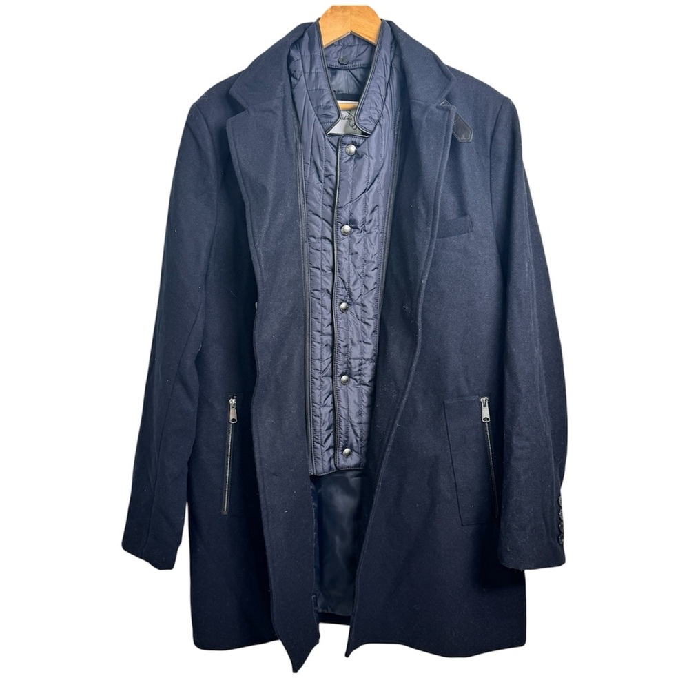SAM EDELMAN Men's L‎ Navy Blue Single Breasted Wool Coat w Quilted Bib NWT